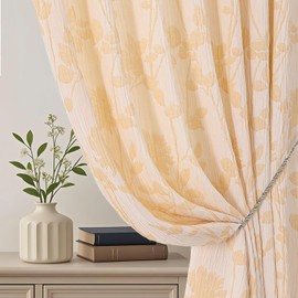 OVZME Gold Floral Curtains for Living Room 96 Inch Length 2 Panels Set, Light Filtering Soft Airy Crinkled Textured Window Curtains, Rod Pocket Back Tab Farmhouse Drapes for Bedroom, Each 50Wx96L