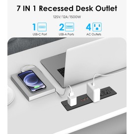 VILONG Flat Plug Recessed Power Strip with PD 20W USB-C, Flush Mounted Drawer Outlet, 4 AC Outlets & 3 USB Ports, Conference Desktop Built in Power Strip, 10FT Extension Cord(Black)