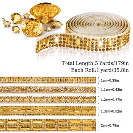 5 Rolls Crystal Rhinestone Ribbon Shiny Rhinestone Ribbon Resin Diamond Ribbon Self-Adhesive Crystal Rhinestone Diamond Ribbon Bling Ribbon for Art Craft DIY Party Decor (Tawny, Mixed Style)