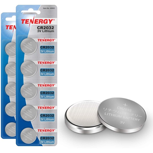 Tenergy 3V CR2032 Batteries, Lithium Button Coin Cell 2032 Battery, Ideal for Key FOBs, calculators, Coin counters, Watches, Heart Rate Monitors, glucometer, and More - 10 Pack