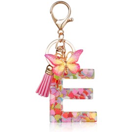OSDUE Fashion Alphabet Initial Letter Keychain, Women Tassel Butterfly Pink Purple Cute Car Keyrin, Pink and Gold Resin Alphabet Keychain, Tassel Butterfly Pendant Key Ring for Wallet (J)