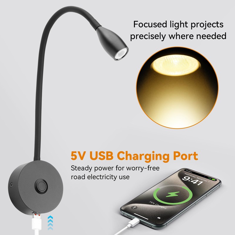 12V LED Reading Light RV Bedside Dimmable Reading Light with