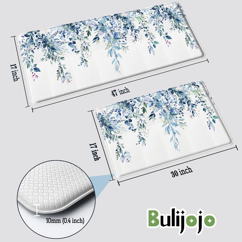 Bulijojo Blue Leaves Anti Fatigue Kitchen Floor Mats Set of