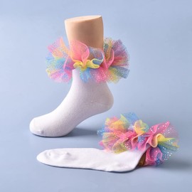 WBZOTSS Toddler Girls Socks with Rainbow Lace Ruffle Trim Cotton Baby Socks Frilly Dress Socks for Little Girls (US, Age, 1 Year, 3 Years, 3Mix)