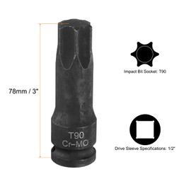 sourcing map T90 Torx Bit Socket 1/2" Drive 6 Point Torx Star Screwdriver Socket Adapter CR-MO Steel Lengthen Impact Bit Sockets for Electric Ratchet Wrenches Fastening Screws