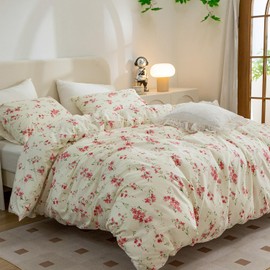 Red Floral Duvet Cover Queen 3 Pieces Soft Breathable Cotton Duvet Cover Set, Garden Floral Aesthetic Bedding Comforter Cover Set with Zipper Ties, 1 Duvet Cover and 2 Pillowcases, No Comforter