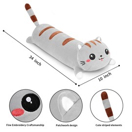 AFAN Cute Long Cat Plush Kawaii 34”Body Pillow Cat Stuffed Animals Soft Plushies Cuddly Cotton Kitten Sleeping Pillow Back Cushion Stuffed Plush Doll Toy Gift for Kids Girlfriend （Grey）