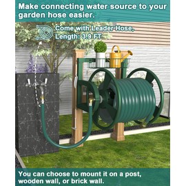 Artigarden Outdoor Wall Mounted Hose Reel with Hook, Garden Heavy-Duty Water Hose Holder Winder with 3.9 ft Leader Hose, Brass Fitting and Storage Basket for Yard, Holds 125 Ft of 5/8-Inch Hose, Green