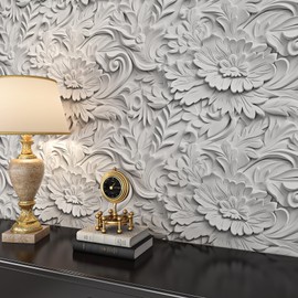 FunStick Modern White 3D Floral Wallpaper Peel and Stick Embossed Flower Peel and Stick Wallpaper for Bedroom Bathroom Ceiling Waterproof Removable White Contact Paper for Walls Cabinets 17.5"x118"