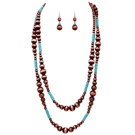 Rosemarie Collections Women's Extra Long Navajo Pearl And Turquoise Howlite Bead Statement Western Endless Strand Necklace Earrings Set, 60" (Metallic Copper)
