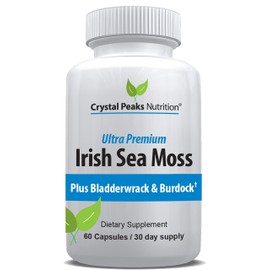 CRYSTAL PEAKS NUTRITION Organic Sea Moss Supplements with Bladderwrack and Burdock Root. Pure Sea Moss Supplement, Vegan, No Fillers, 60 SeaMoss Capsules with BioPerine for Maximum Benefit
