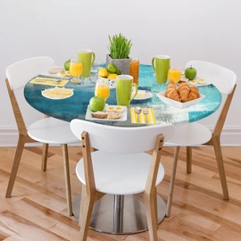 Turquoise Abstract Art Round Table Cover with Elastic Edge, Fitted Tablecloth Waterproof Wipeable Round Table Cover for Kitchen Dining Party Holiday Fits Outdoor Round Plastic Table Cloth 40-44 In