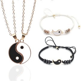 Yin Yang Necklace Bracelet Taichi Bagua Feng Shui Bracelets Necklace for Women Men Couple BFF Friendship 4Pcs Set Yinyang Jewelry Gift (Gold)