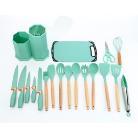 Generic Cooking Utensils Set, 19 PCS Silicone Kitchen Utensils Set with Holder and Kitchen Knife Set for Cooking, Non-stick Heat Resistan Kitchen Tools and Gadgets with Wooden Handle (Light Green)