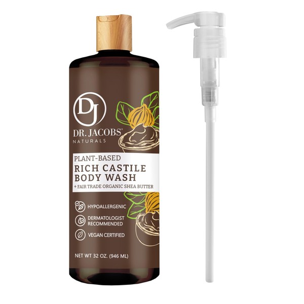 DR. JACOBS NATURALS Castile Shea Butter All-Natural Body Wash for Moisturizing Dry and Sensitive Skin Shampoo with Plant-Based Ingredients Gluten, Preservatives-Free Formula - 32 oz, with Pump