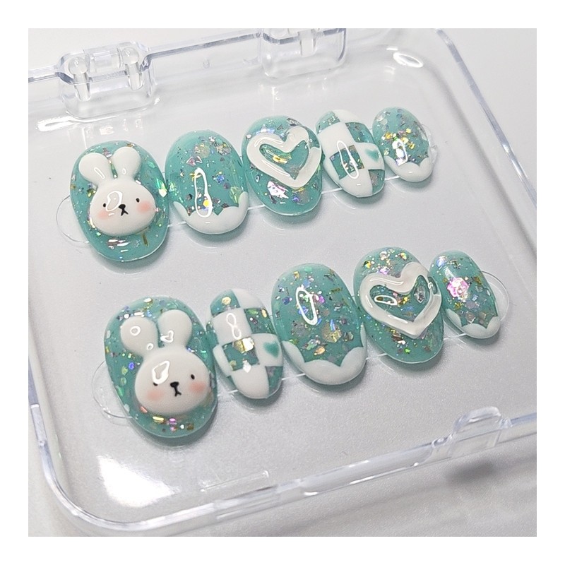 Mint Rabbit Handmade Nail Tips - Short Square / 민트