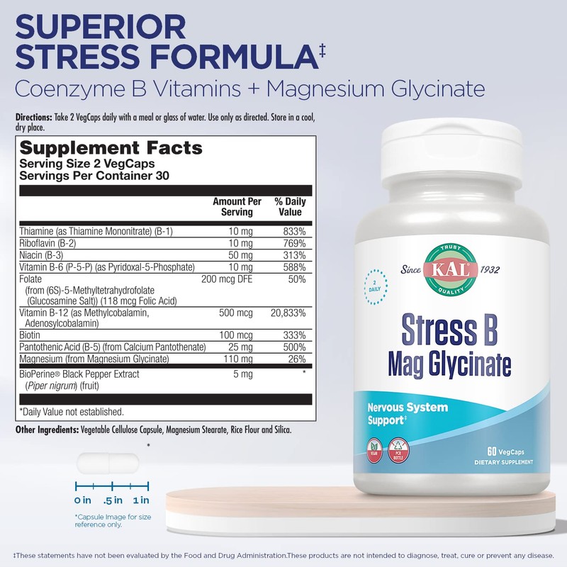 KAL Stress B Mag Glycinate, B Complex Vitamins Plus Magnesium,