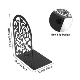 1 Pair Rose Metal Bookends,Modern Creative Rose Pattern Hollowed Nonskid Iron Book End Decorative Bookends Desk Organizer Book Shelf Holder for Kid Girl Library Home School Office Decoration (Black)