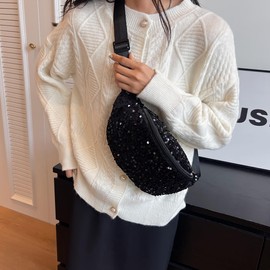 Women Sparkly Sequin Fanny Packs Glitter Waist Bag with Adjustable Strap Ladies Bum Bag Multi-Functional Sling Bag Chest Bag (Black)