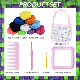 Artcome Pot Holder Weaving Loom Kit with 400 Weaving Loops of 10 Colors, Metal Crochet Hook, Shuttle, Weaving Comb, Storage Hand Bag - Potholder Loom Kit for Girls and Adults - Ideal Gift (Pink)