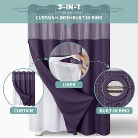 eachope Purple Extra Long No Hook Waffle Weave Shower Curtain with snap-in Liner Replacement, 230GSM Waterproof Fabric Hotel Shower Curtain Set for Bathroom, Through Mesh Top Window,71Wx86H