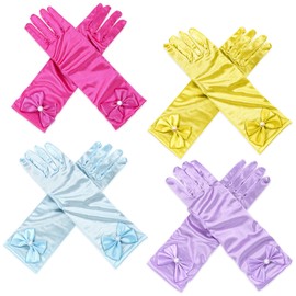 AUHOKY 4 Pairs Little Girls Long Princess Costume Formal Bows Glove, Age 3-8(Rose+Purple+Blue+Yellow)