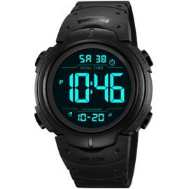 PASOY Men's Simple Outdoor Sports Digital Watch Easy to Read Big Dial Shockproof Luminous Swim Waterproof Rubber Band Alarm Stopwatch Chronograph Black Watches (Full Black)