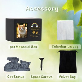 DiDiBirDi Cat Urns for Ashes, Rainbow Bridge Pattern Black Wooden Keepsake with Photo Frame, Pet Memory Box with Resin Cats Angel Statue and Sealed Storage Bags (Up to 10kg)
