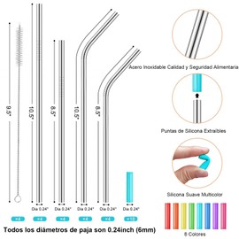 Popotes de acero inoxidable, Set de 16 piezas Pajillas Reutilizables de Mental con Puntas de Silicón, 4 Cepillitos para limpiar y Bolsita para Guardarlos, Popotes metálicos para vasos de 20 24 30 oz