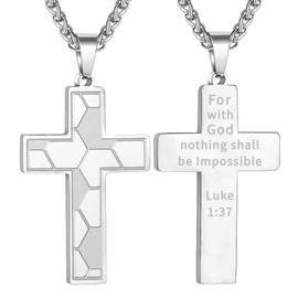 GLITTO Soccer Cross Necklace for Boys Men Stainless Steel Pendant Chain Religious Christian Baptism First Communion Confirmation Stuff Gear Accessories Jewelry Gift Luke 1:37 Silver