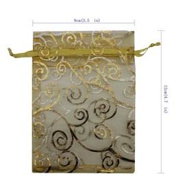 Ankirol 100pcs Sheer Organza Favor Bags For Wedding Baby Shower Rattan Print Gift Bags Samples Display Drawstring Pouches (3.5x4.5 inch, gold)