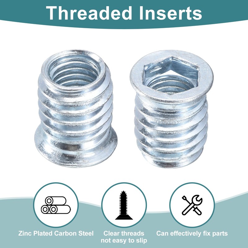 sourcing map 20Pcs Threaded Inserts, M10-1.5x20 Zinc Plated Carbon Steel