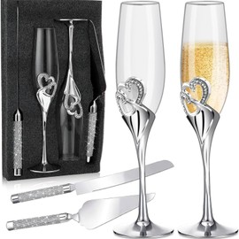 TOPTHEROAD Juego de Copas para Boda, Copas de Champagne Cristal, Pala y Cuchillo para Boda Adecuado para Boda Fiesta, Regalo de Aniversario