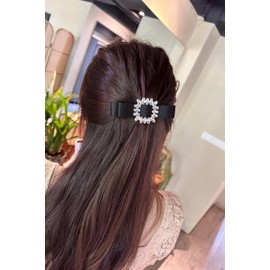 2PCS Black Hair Bows Clips with Bling Rhinestones Elegant Hair Barrettes Pearl Bow Hairpin Jewelry Crystal Headdress Hairpin Accessories (Black, One size)