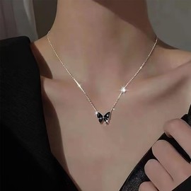 TseenYi Butterfly Pendant Necklace Choker Black Crystal Butterfly Necklace Silver CZ Pendant Necklace Black Enamel Butterfly Chain Necklace Jewellery for Women and Girls, Crystal