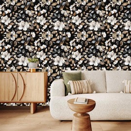 Wookmmy Vintage Dark Black Floral Peel and Stick Wallpaper Modern Botanical Flower Waterproof Removable Self Adhesive Vinyl Contact Wall Paper for Farmhouse Bathroom 17.7" X 354" Roll