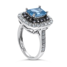 925 Sterling Silver UK Hallmarked Lab Blue Topaz Solitaire Diamonds White Gold Plated Ladies Ring [Size M]