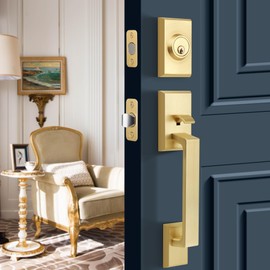 Gaurqiah Brushed Gold Heavy Duty Front Door Handle Set, Exterior Door Lock Set with Single Cylinder Deadbolt,Reversible for Right & Left Side, Satin Brass