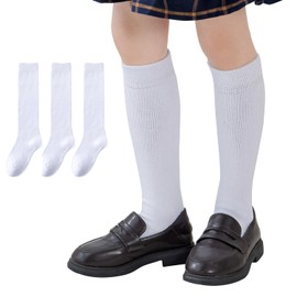 EPEIUS Girls Knee High Socks Seamless Cotton School Uniform Socks Kids Boy Over the Calf Socks Long Socks White 3 Pack 5-7 Years (White, M)