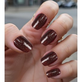 Morily Burgundy Glitter Press on Nails Short, Square Shaped Glitter Fake Stick on Nails for Women in 16 Sizes, 32 Pcs Reusable Full Cover Artificial False Fingernails