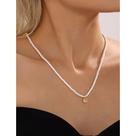 18K Gold Plated Pearl Necklaces for Women–3mm White Round Pearls Choker with Block Pendant,Dainty Beaded Chain,Adjustable 15"-17",Wedding Jewelry,Graduation Necklace Gifts for Her