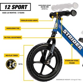 Strider 12” Sport Bike, Blue - No Pedal Balance Bicycle for Kids 1 to 4 Years - Includes Safety Pad, Padded Seat, Mini Grips & Flat-Free Tires - Tool-Free Assembly & Adjustments