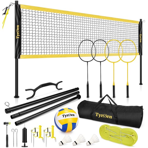 TYRSEN Volleyball and Badminton Combo Set for Backyard, Portable All-in-One Badminton Volleyball Net System with Volleyball, 4 Badminton Rackets, Shuttlecocks, Boundary Line, Carry Bag