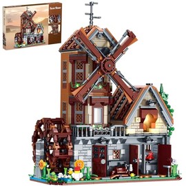 Medieval Windmill Farmhouse Building Set 1580 Pieces Rustic Cottage Architecture Model with Rotating Blades & Water Wheel Retro Village Construction Toy Creative Home Decor Gift for Adults