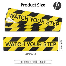 6 PCS Watch Your Step Floor Decals Stickers 5.9 x 23.6 Inch, Self Adhesive Anti Slip Watch Your Step Sign, Warning Sticker Adhesive Tape for Workplace Safety Wet Floor Cautio