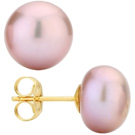 14k Yellow Gold Freshwater Cultured Button Purple Pearl Stud Earring (10.0-10.5mm)