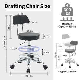 FIRAVOE Office Chair with Back (Adjustable Height Posture Stool 19.5’’-26.6’’)(Drafting Chair on Wheels) Work Stool with Footrest (Black)