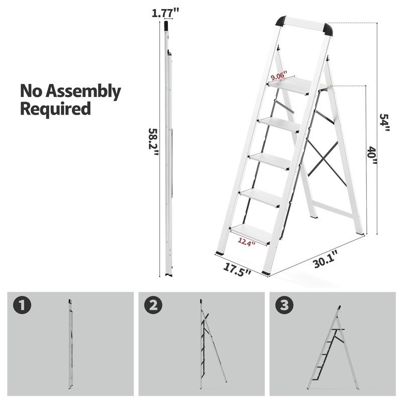 KINGRACK Aluminium 5 Step Ladder, Lightweight Step Stool with Non-Skid