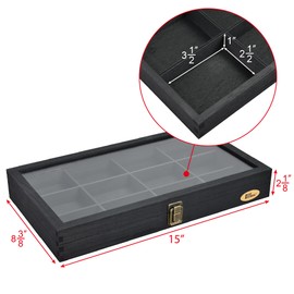 Ikee Design Elegant Wooden Jewelry Storage Tray Box with Glass Lid-12 Compartments-Ideal for Rings,Bracelets,Gems Stone and Small Accessories- Rustic Metal Clasp- Black Color