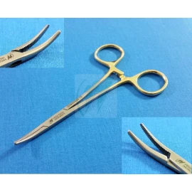 HTI AUTOCLAVABLE GOLD HANDLE PASSIVATED MOSQUITO HEMOSTAT LOCKING FORCEPS 5" CURVED